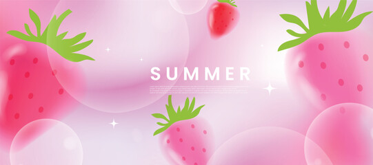 Wall Mural - Summer season gradient futuristic art background vector. Modern wallpaper design with strawberry, bubble. Illustration design for social media, print, cover, banner, backdrop, packaging, ads.