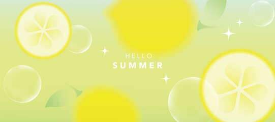 Wall Mural - Summer season gradient fruit art background vector. Modern wallpaper design with lemon, bubble. Illustration design for social media, print, cover, banner, backdrop, packaging, ads.