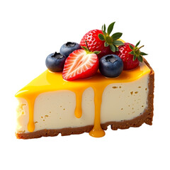 Poster - A slice of cheesecake with berries and yellow glaze on top view isolated on transparent background