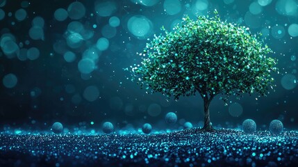 Poster - Enchanting tree in a sparkling blue environment nature scene close-up view dreamlike atmosphere