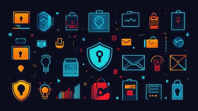 A digital interface with security icons and data visualizations on a dark background design theme