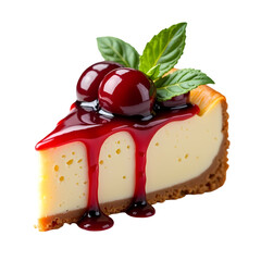 Poster - A slice of cheesecake with cherries and mint isolated on transparent background