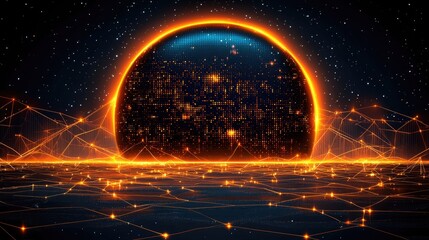 Poster - Digital sunrise over a futuristic ocean sci-fi art cosmic environment wide-angle view visual concept