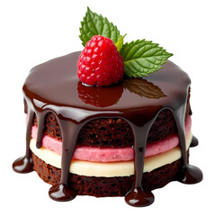 Poster - A small chocolate cake with raspberry and mint isolated on transparent background