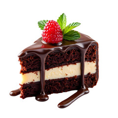 Poster - A slice of chocolate cake with raspberry and mint on isolated on transparent background
