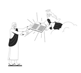Poster - Moses receiving ten commandments from God 2D line bible characters. Divine figure in clouds handing stone tablets to robed man isolated vector ink outline people. Monochromatic spot illustration