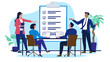 © Knut - Businesspeople team in a meeting, reviewing a large checklist representing a business plan or project tasks, with colleagues working on laptops and presenting ideas. Flat design vector illustration