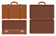 © brovkoserhii - A flat vector illustration of a classic brown leather suitcase shown in closed and open views. Retro travel suitcase with belt straps, displayed from multiple angles including top and inside.
