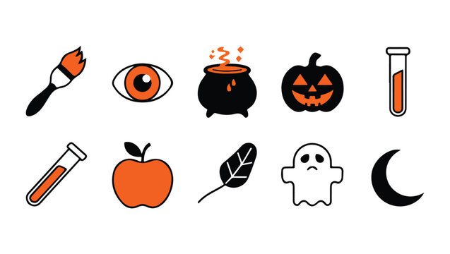 A set of 9 Halloween-themed icons, each with a simple, flat design style, featuring a black outline and a bold, solid orange fill. 