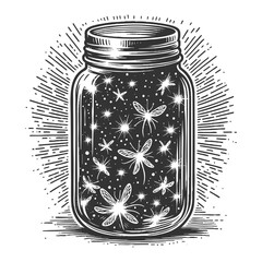 Wall Mural - glowing fireflies inside a mason jar surrounded by leaves, with stars twinkling in the night sky sketch engraving generative ai vector illustration. Scratch board imitation. Black and white image.