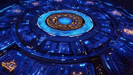 Poster - A futuristic, circular interface with glowing blue and gold elements, resembling a high-tech control panel or portal.
