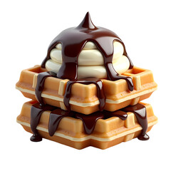 Poster - Stack of waffles topped with ice cream and chocolate syrup drips isolated on transparent background