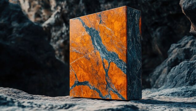 A bold, orange-marbled block sits atop a rocky surface