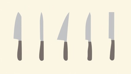 Collection of six kitchen knives with gray handles Various blade shapes and sizes shown