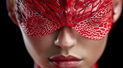 Wall Mural - woman with a red mask on her face. the mask is made of leather and has a snake design. the woman's f