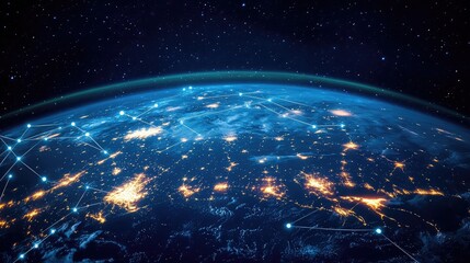 Wall Mural - A view of earth from space with city lights and a network of glowing blue connections overlaying it