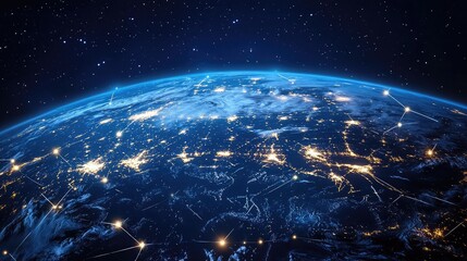 Wall Mural - A view of earth from space at night showing city lights and network connections across the globe