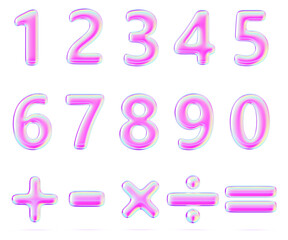 Poster - Y2K holographic numbers font from 0 to 9, plus, minus, multiply, divide, equal - math operation symbols. Rainbow inflatable balloons with bright neon metal gradient of liquid chrome. 3D illustration