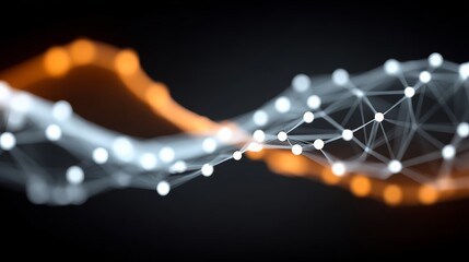 Poster - Series of dots are connected in a line, with some of them being orange and some white. The image has a futuristic and abstract feel to it