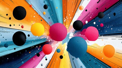 Poster - Colorful explosion of balls in the sky. The colors are bright and vibrant, creating a sense of energy and excitement. The image is abstract and artistic, with no clear subject or focal point
