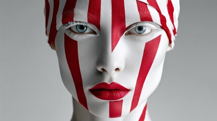 Wall Mural - woman with red and white stripes painted on her face. she has red lips and blue eyes