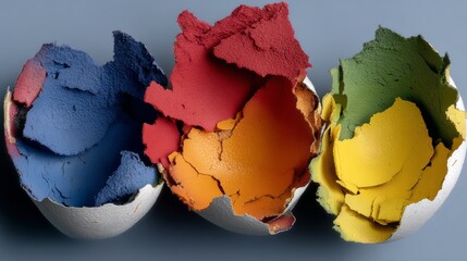Poster - Three broken eggshells with colorful paint inside