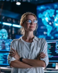 A confident woman scientist or coder in a futuristic lab setting, highlighting female empowerment in STEM.