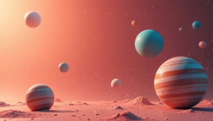 Cosmic scene features planets, stardust. Planets of various sizes float in ethereal space, with dreamy colors and lights. Fantasy art for digital poster, tech design or wallpaper.