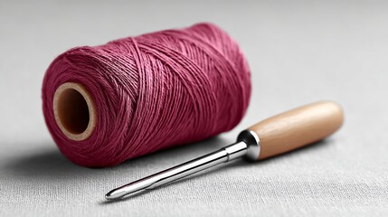 Poster - Spool of pink yarn is next to a wooden needle
