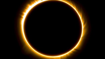 Wall Mural - Glowing celestial solar eclipse with bright corona on black background, astronomical phenomenon of sun behind the moon