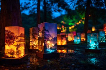 Wall Mural - glowing mid-autumn festival lanterns in a dark forest setting.