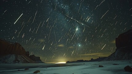 Wall Mural - Night sky over frozen landscape with shooting stars