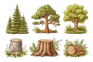 pixel art illustration of various trees and tree stumps