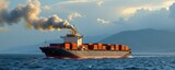 a large cargo ship emitting exhaust smoke near a coastline, depicting maritime transport's impact on marine ecosystems and atmospheric pollution, Generative AI