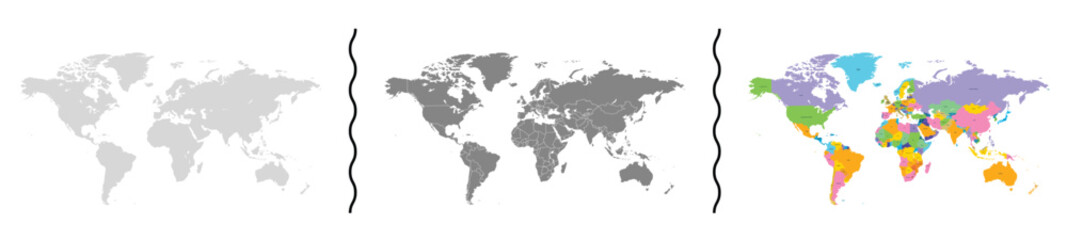 World Map Vector Set. Blank Outline, Political Color, and Grayscale Map. High Resolution Isolated on White Background
