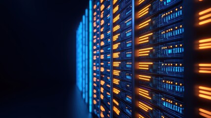 Poster - Futuristic Data Center with Bright Blue and Orange LED Lights Illuminating High-Tech Server Racks in Dark Environment