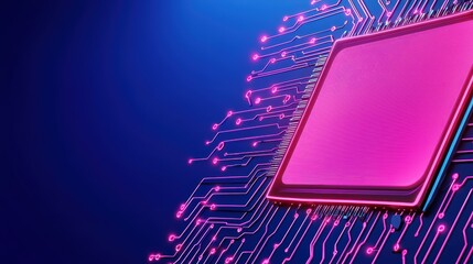 Poster - Futuristic Microchip Design with Pink Circuit Connections on Bright Blue Background for Technology Concept