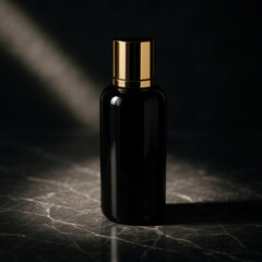 Poster - black perfume bottle with gold cap.