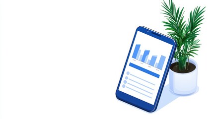 Poster - Modern smartphone displaying financial data and graphs beside a potted plant in a bright and minimal workspace setting