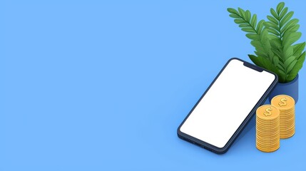 Poster - Modern smartphone with blank screen, stacked coins, and green plant pot on blue background, ideal for finance and technology themes