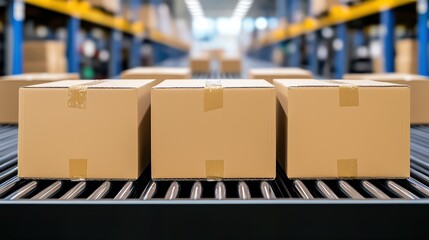Poster - Brown cardboard boxes on conveyor belt in warehouse with blurred shelves in background, logistics and shipping process