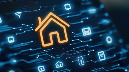 Poster - Digital Home Icon Surrounded by Technology Symbols Representing Smart Home, Internet Connectivity, and Digital Innovation