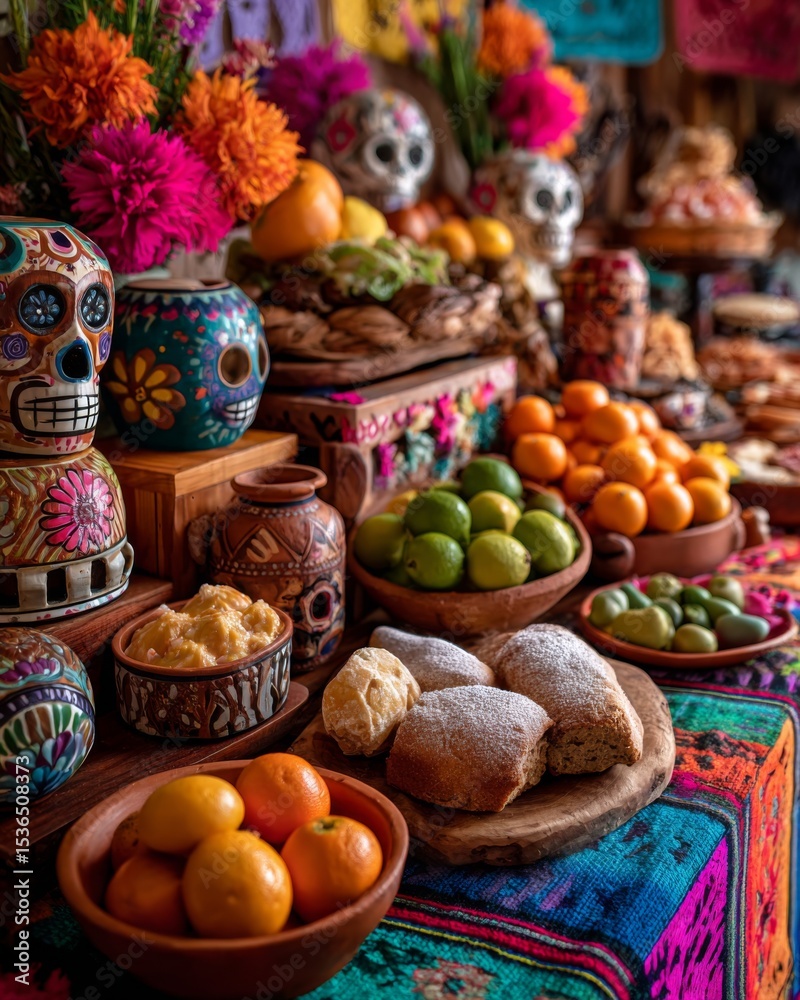 A traditional Day of the Dead altar with pan de muerto and candles ...