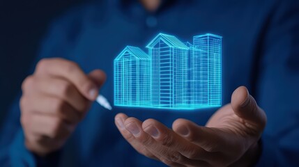Poster - Man Holding Futuristic 3D Model of Cityscape with Buildings Representing Technology and Innovation in Real Estate