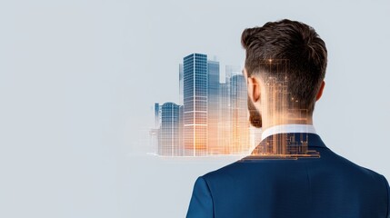 Poster - Young businessman in suit looking at futuristic city skyline with digital overlay representing urban development and technology trends