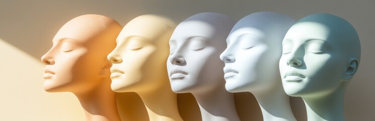 Poster - A stunning arrangement of colorful mannequin heads, showcasing unique designs and serene expressions. The light plays beautifully across the surfaces, creating a captivating visual experience.