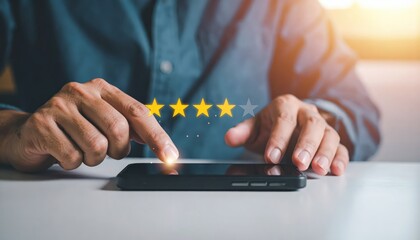 Poster - Close-up of a person using a touchscreen smartphone with a four-star rating displayed, highlighting mobile device interaction and user review concept