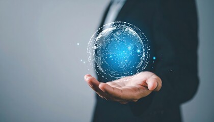 Aufkleber - Businessman holding a futuristic digital global globe hologram representing technology innovation digital communication and connectivity in the modern world