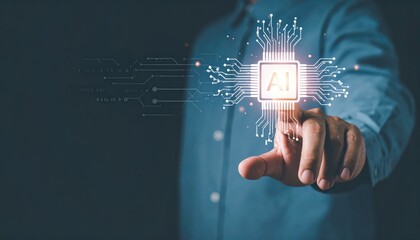 Poster - Businessman interacting with futuristic AI technology interface touching digital circuit board and artificial ligence concept hologram on dark background