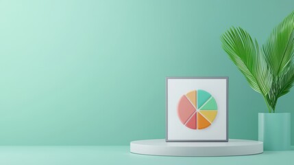 Poster - Modern Minimalist Workspace with Colorful Pie Chart and Green Plant in Stylish Pot Against Soft Turquoise Background